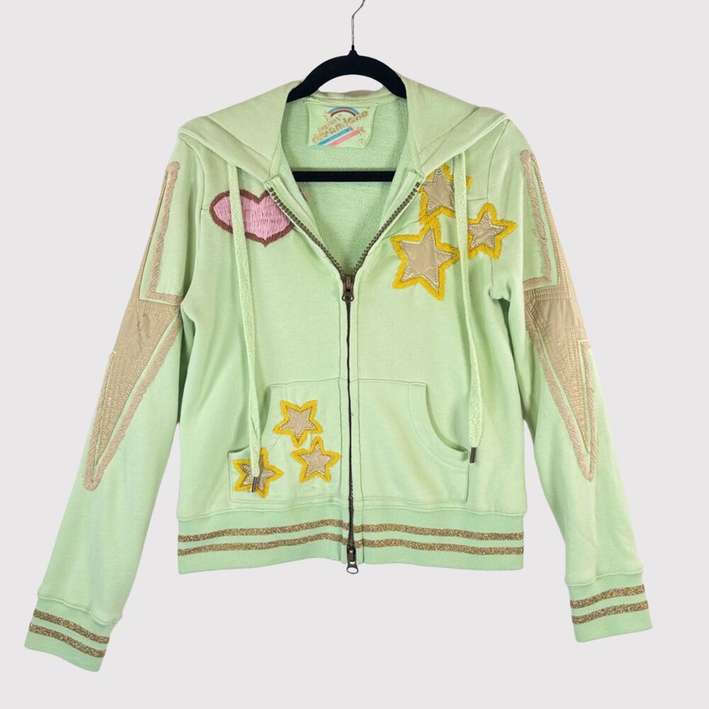Joystick Dreamland Womens Hoodie Green Full Zip Embroidered Star Owl Y2K Medium